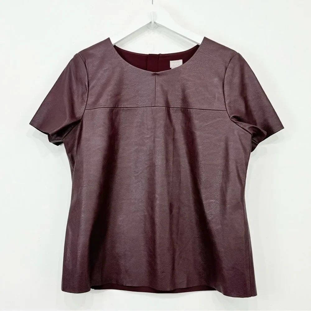 Chicos Burgundy Faux Leather Short Sleeve Contemporary Top